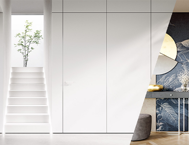 Zweiteilige Wohnszene mit flächenbündigen Türen – links minimalistisch in Weiß, rechts mit floraler Dekorwand und Holzoptik.