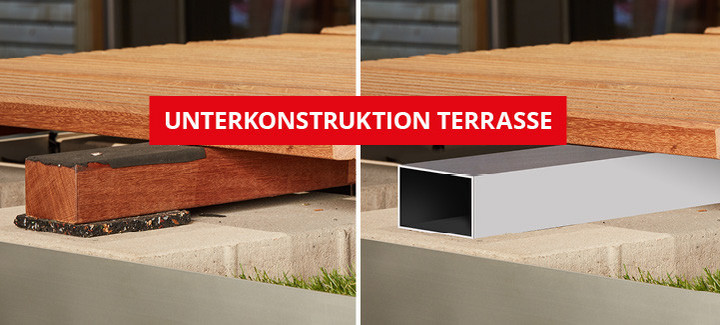 Vergleich von Terrassen-Unterkonstruktionen: Links Holz, rechts Aluminium, jeweils mit Holzdielen belegt. Roter Banner mit der Aufschrift „UNTERKONSTRUKTION TERRASSE“.